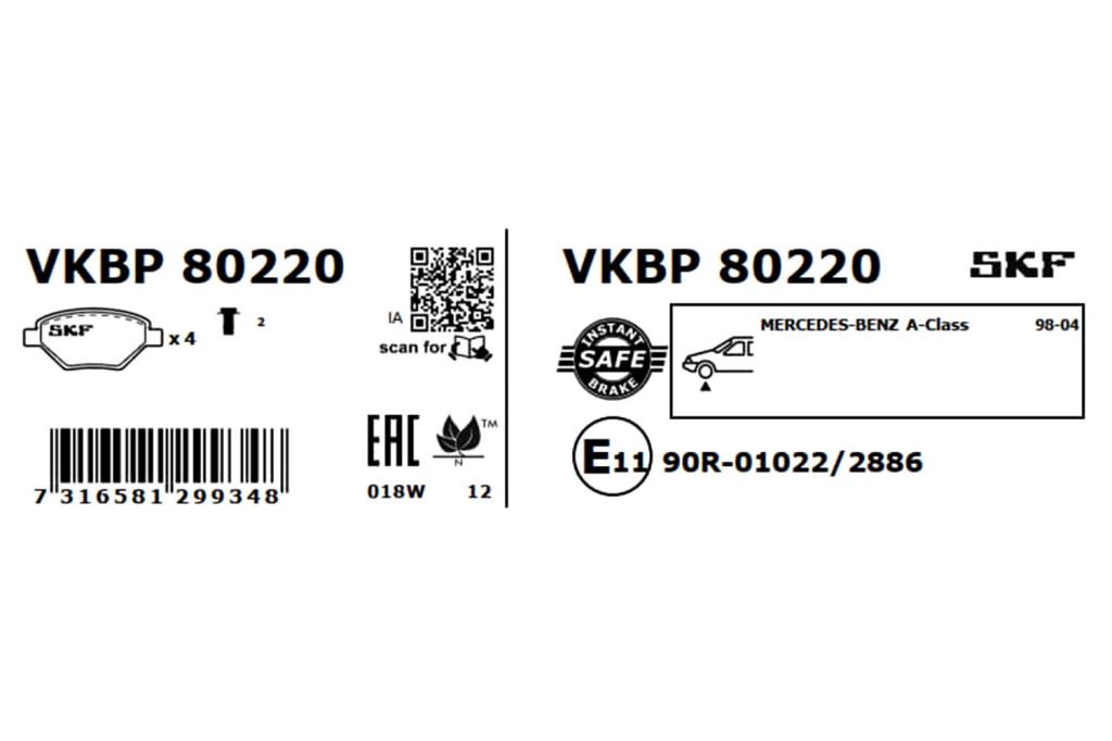 Jogo de 4 pastilhas de travão SKF ref. VKBP 80220